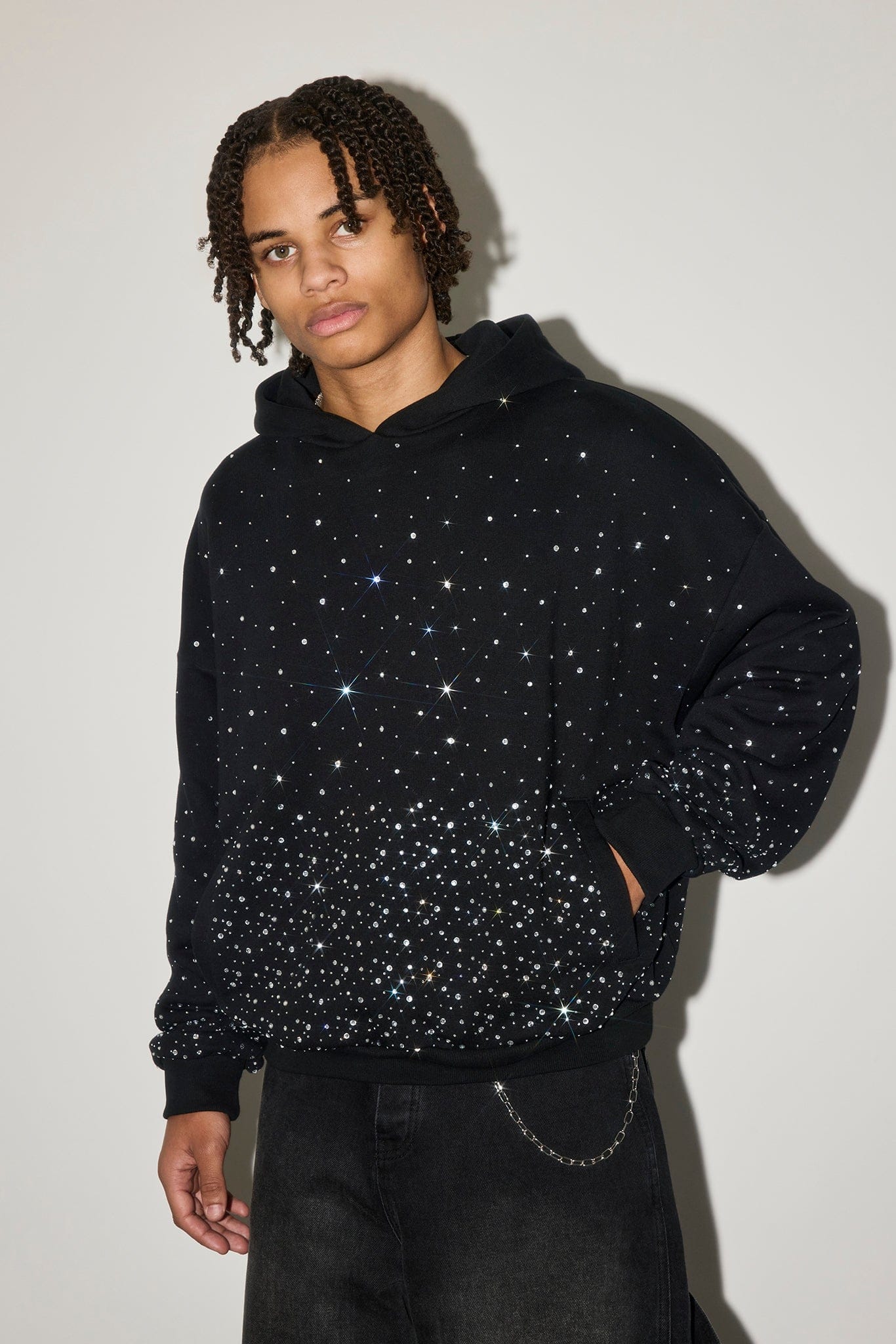 Cernucci Mens Boxy Rhinestone Hoodie - Black - Kick Game