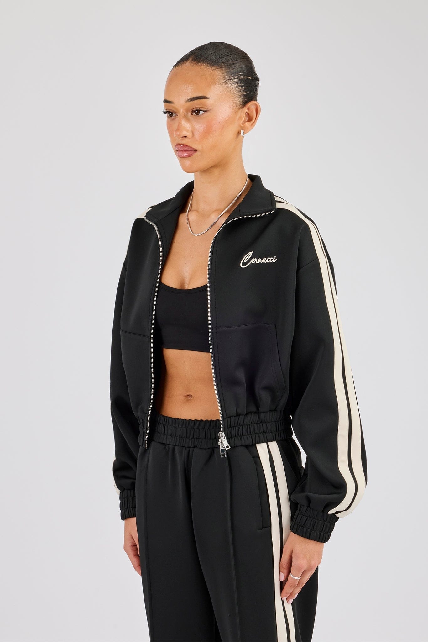 Taping Cropped Funnel Neck Jacket - Black - Kick Game