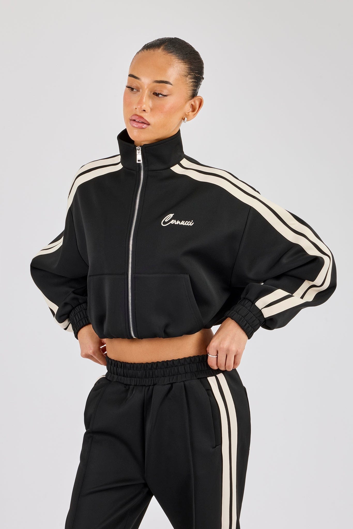 Taping Cropped Funnel Neck Jacket - Black - Kick Game