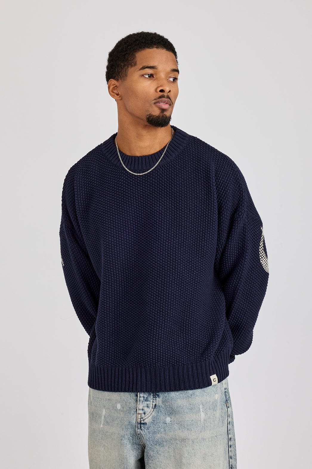 Cernucci Textured Knit Printed Sweatshirt - Navy Blue - Kick Game