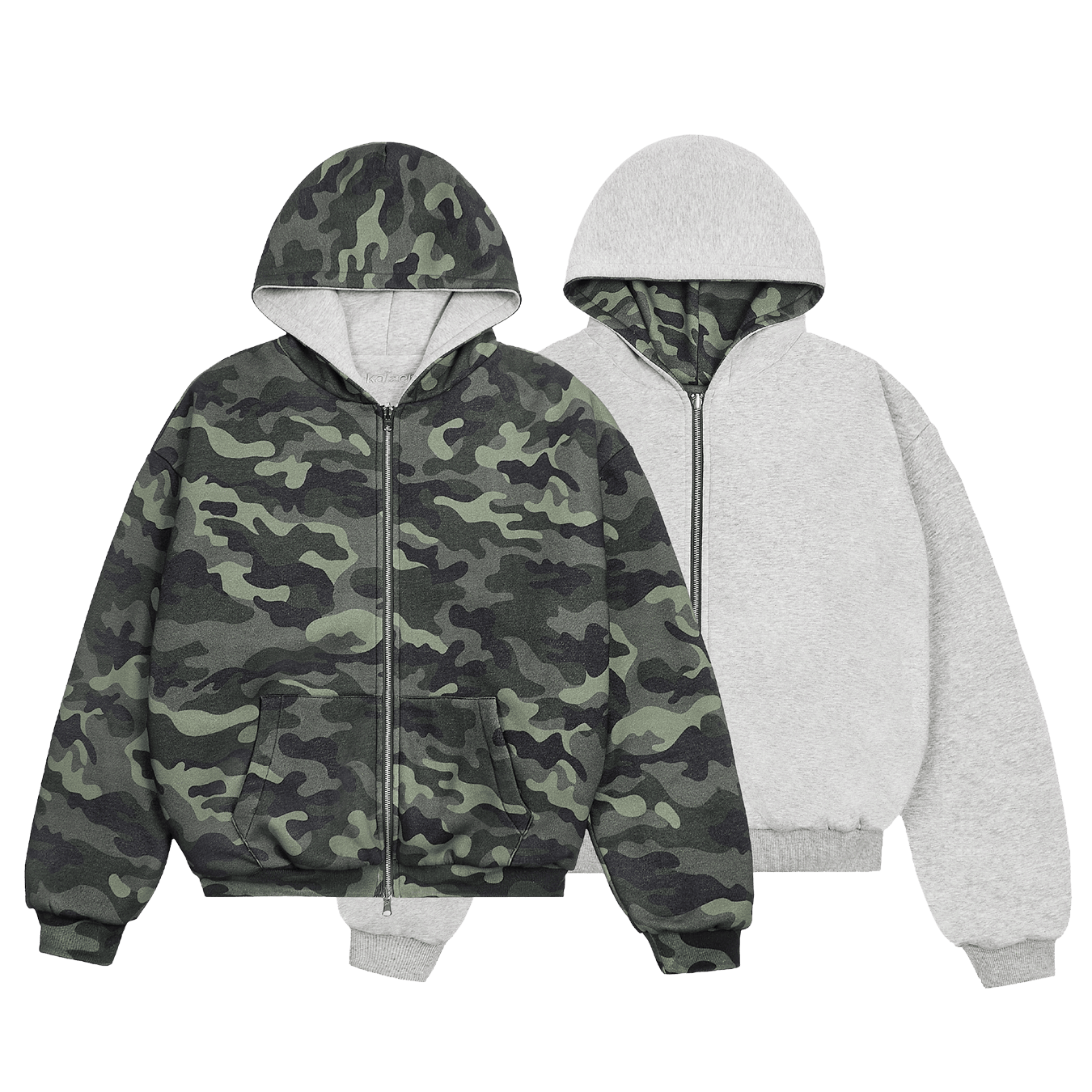 KAIZEN MARKET CAMO/GREY REVERSIBLE ZIP HOODIE - Kick Game