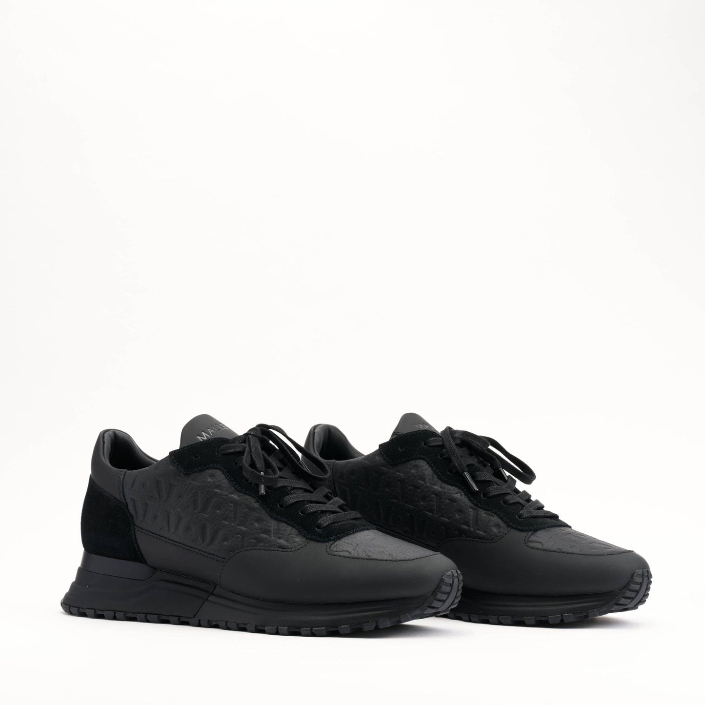 MALLET Popham Men's Black Tumbled Leather Monogram Trainers - Kick Game