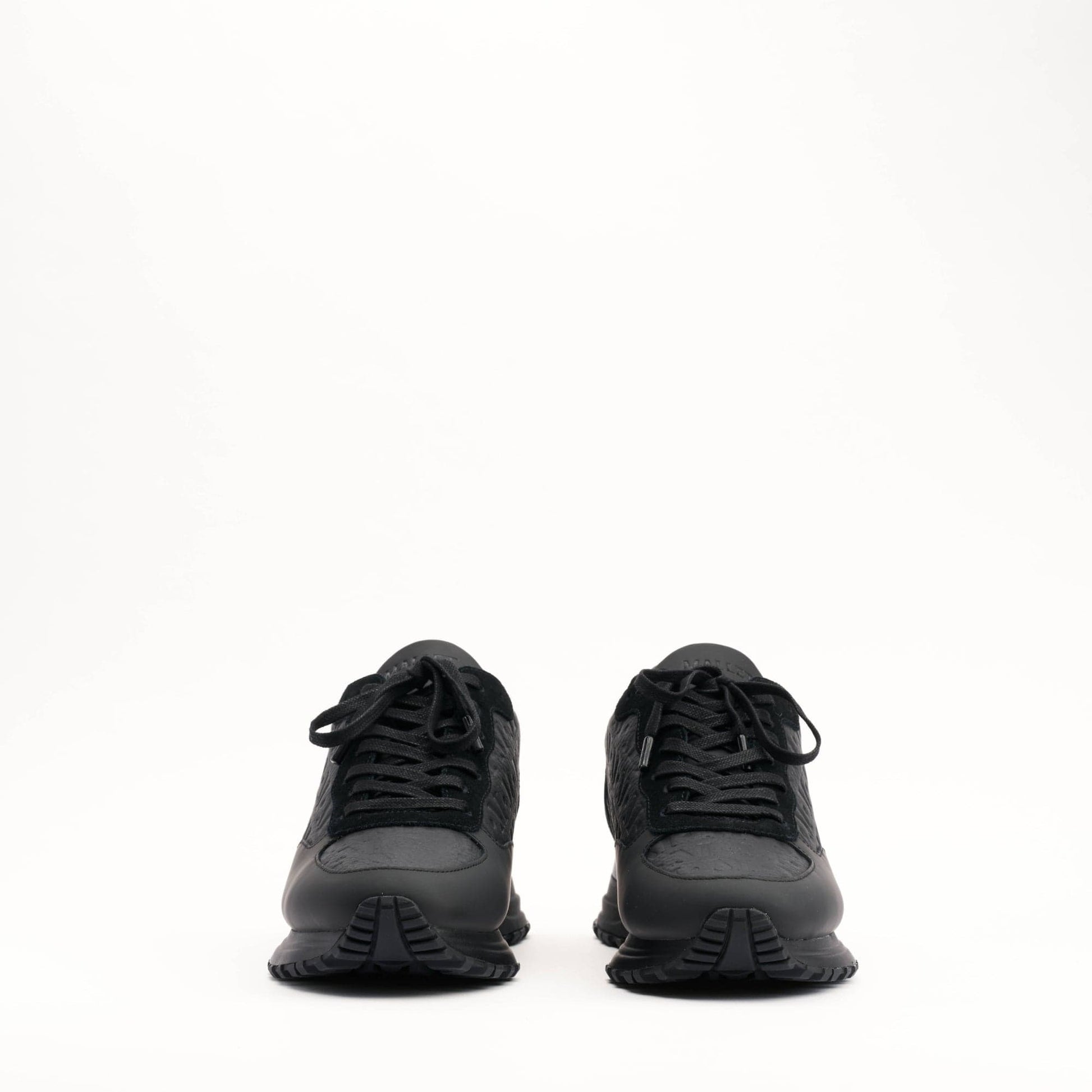 MALLET Popham Men's Black Tumbled Leather Monogram Trainers - Kick Game