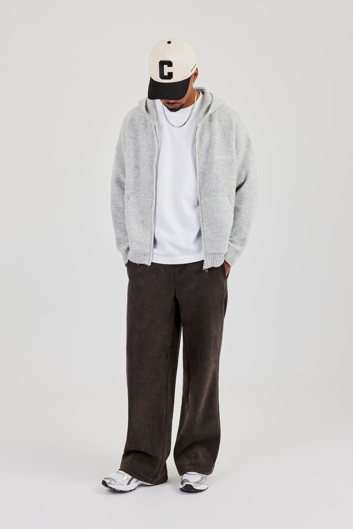 Embroidered Knitted Zip Hoodie - Light Grey - Kick Game