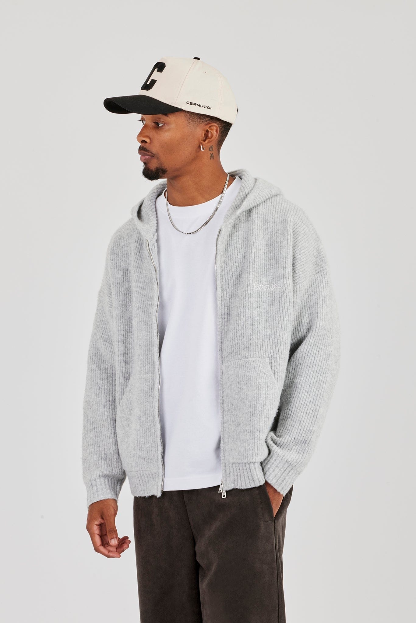 Embroidered Knitted Zip Hoodie - Light Grey - Kick Game