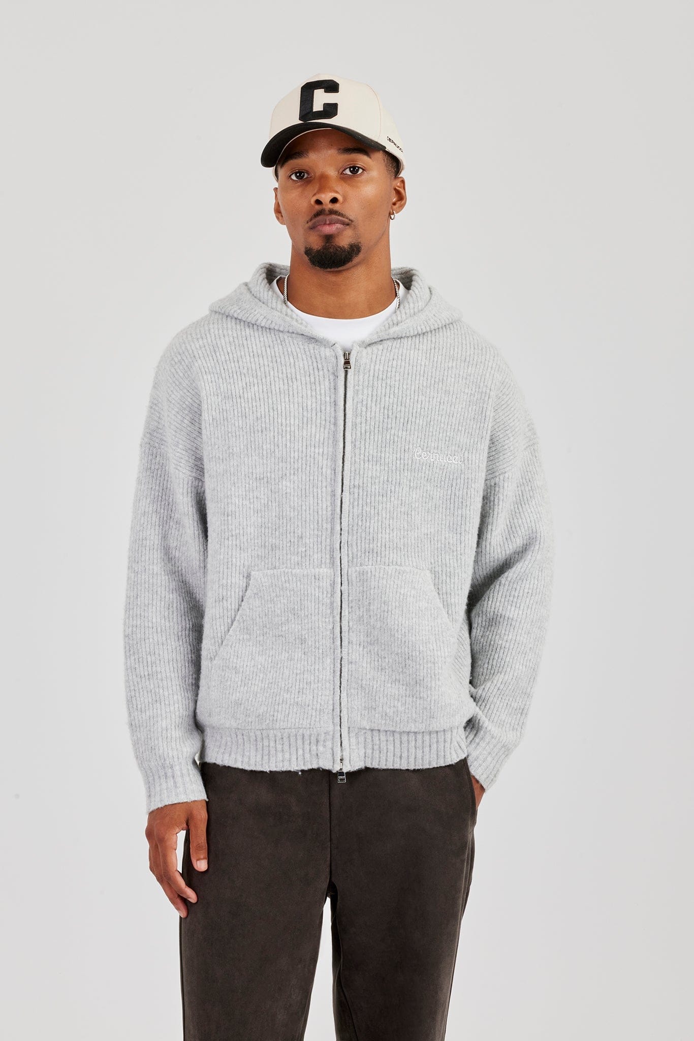Embroidered Knitted Zip Hoodie - Light Grey - Kick Game