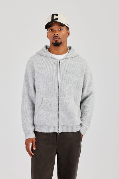 Embroidered Knitted Zip Hoodie - Light Grey - Kick Game