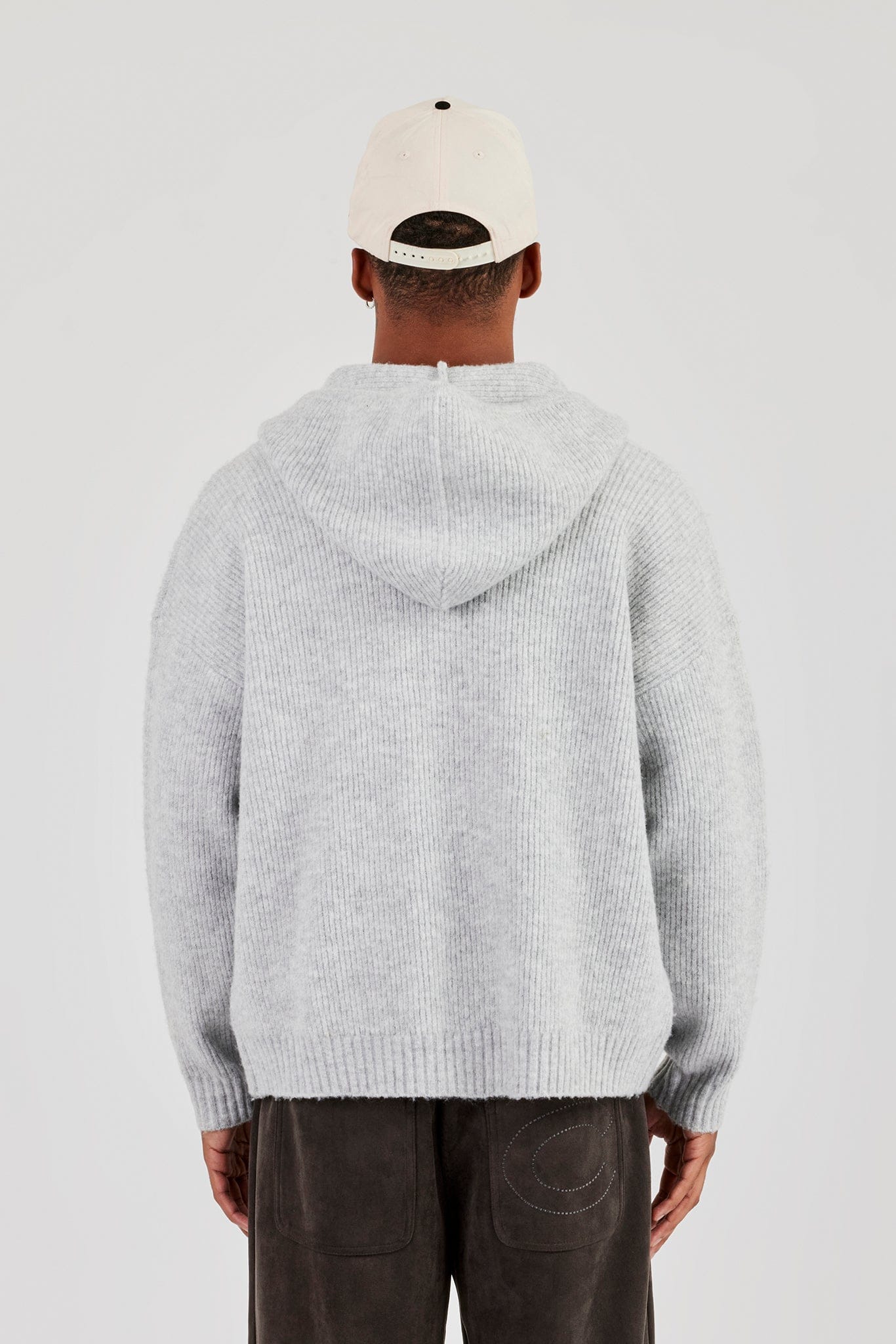 Embroidered Knitted Zip Hoodie - Light Grey - Kick Game