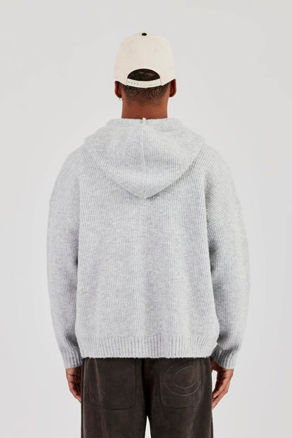 Embroidered Knitted Zip Hoodie - Light Grey - Kick Game