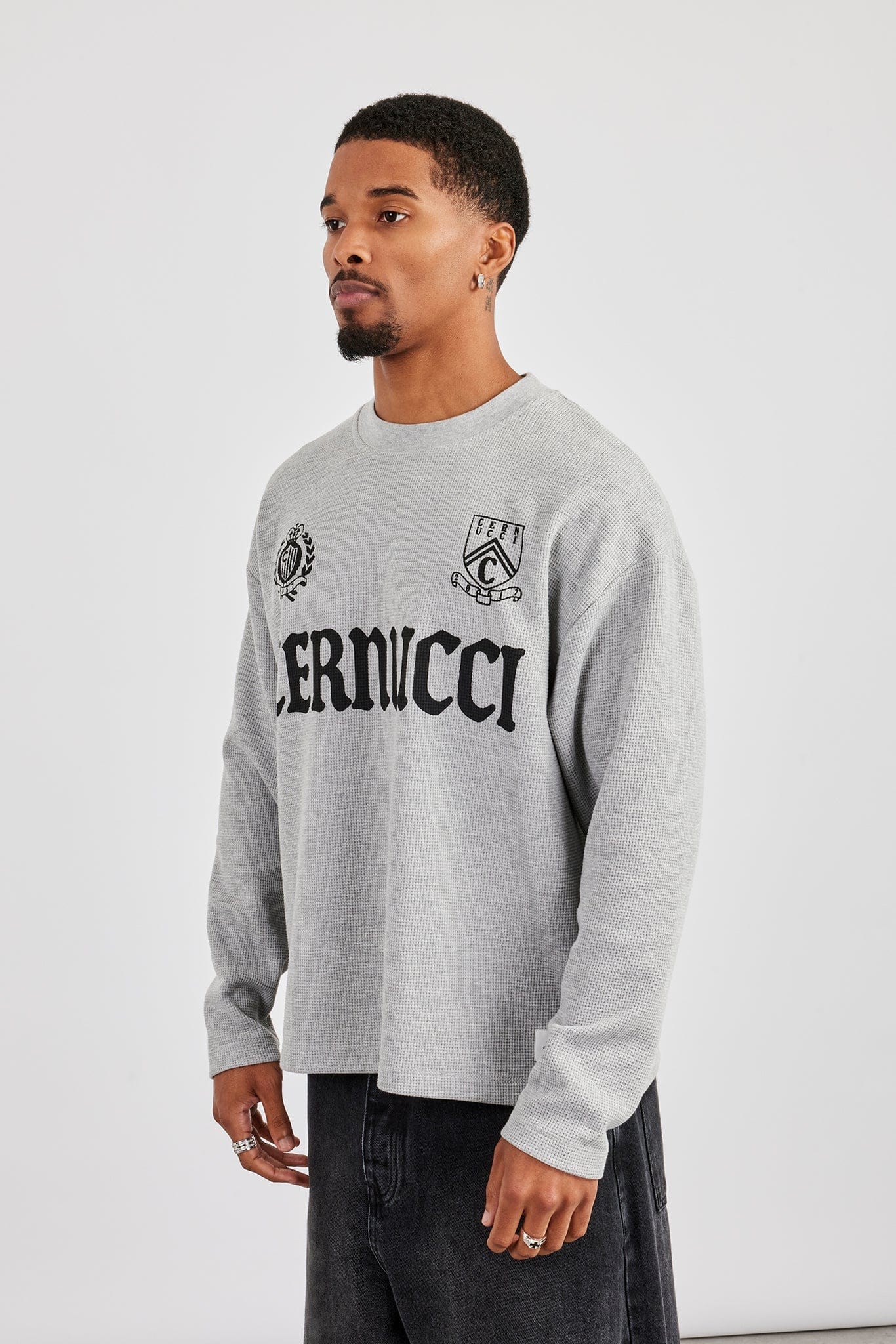 Long Sleeve Waffle Print T-Shirt - Grey - Kick Game