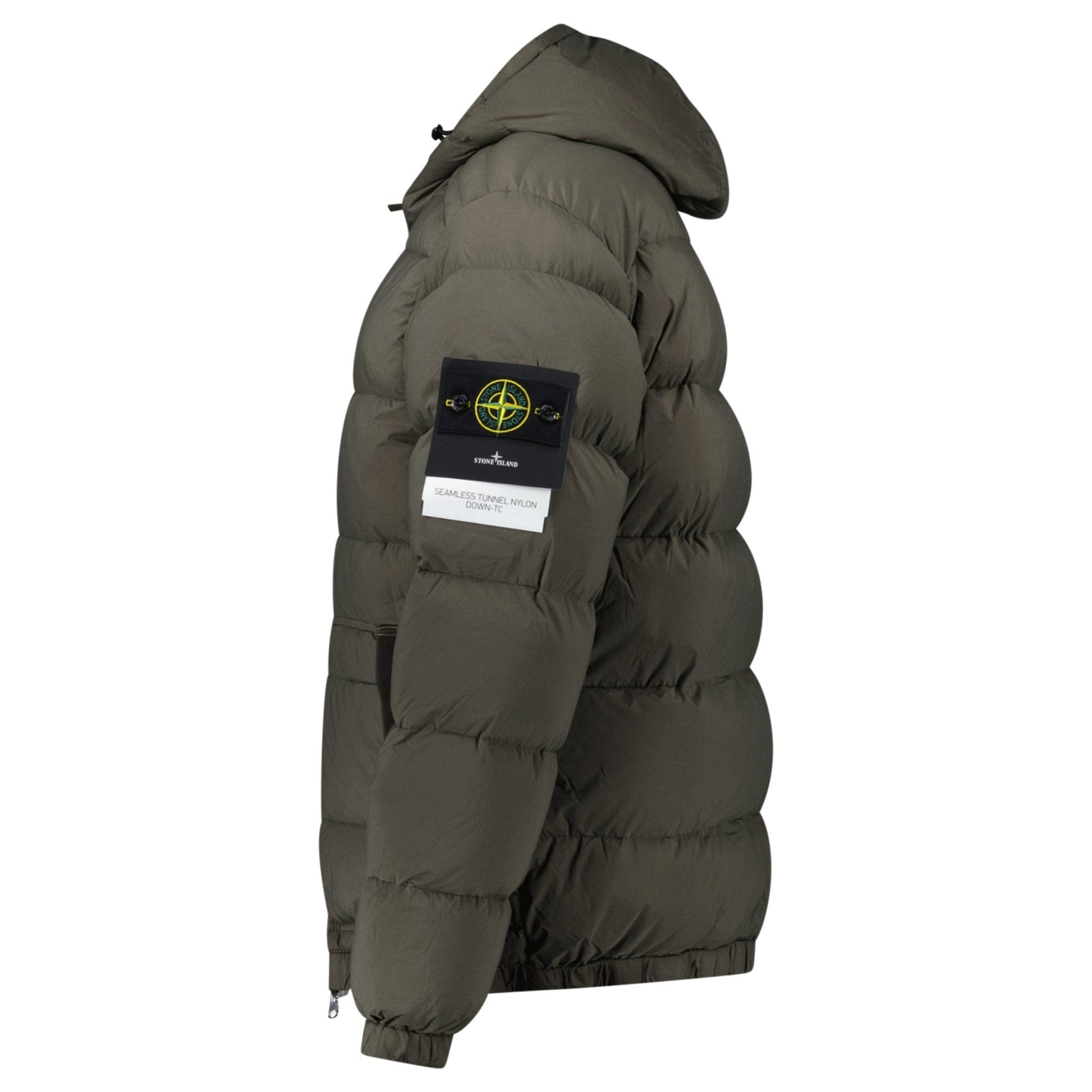 Stone Island Hooded Down Jacket with Seamless Feather Tunnels in Military Green - Kick Game