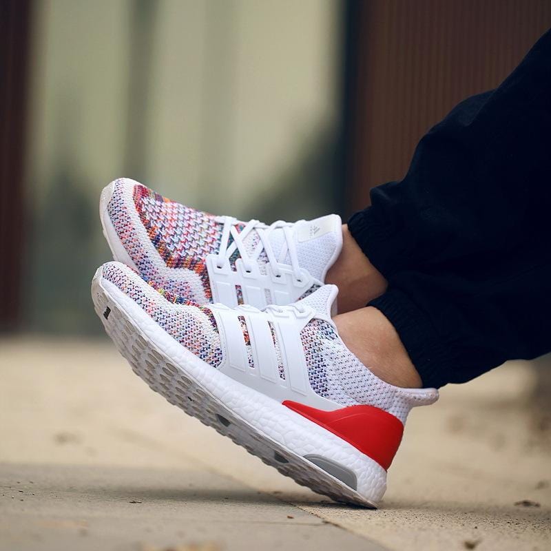 adidas ultra boost multicolor red heel on foot 4