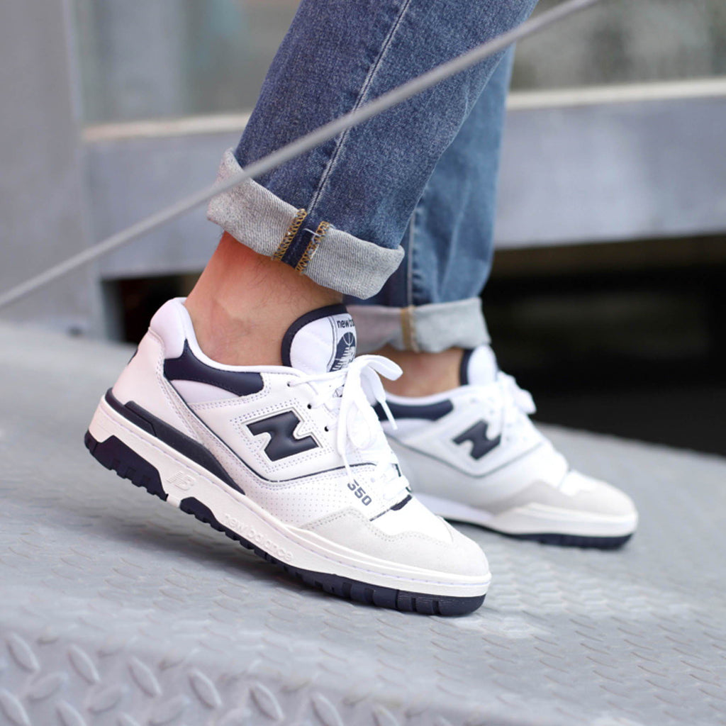 New balance 550 white navy on feet Clearance
